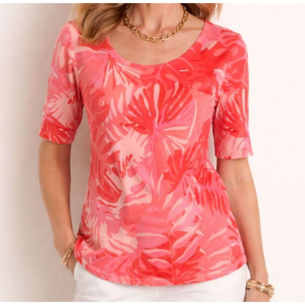 Chico’s Pink Tropical Leaf Print Shirt Size Small